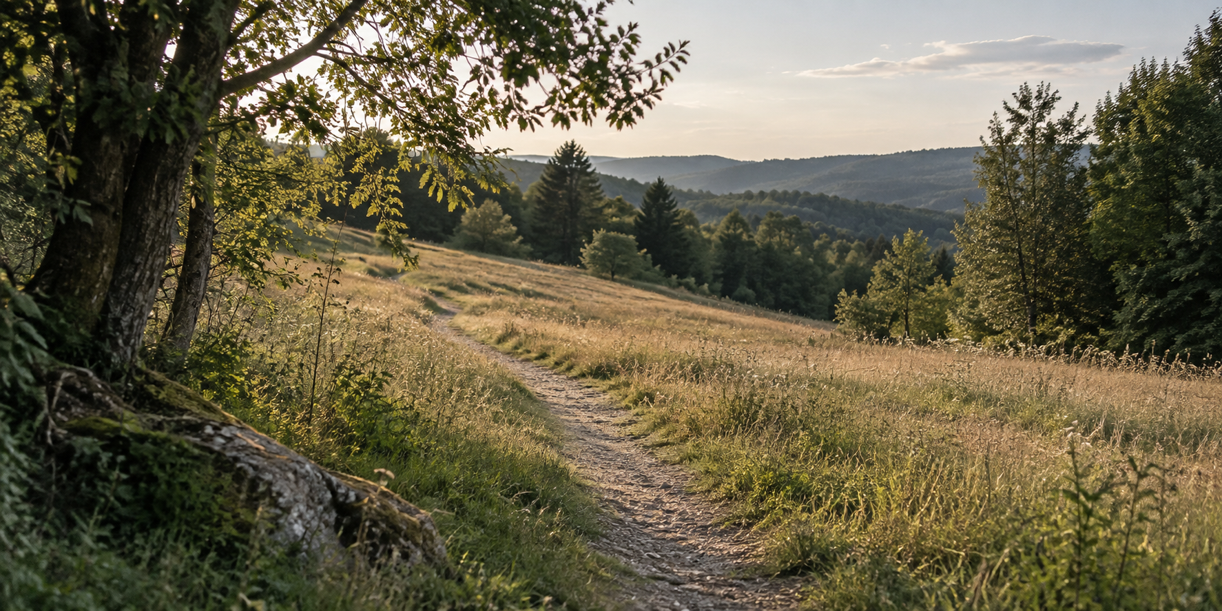 Ein heller Weg führt durch eine ruhige Wiesen- und Waldlandschaft